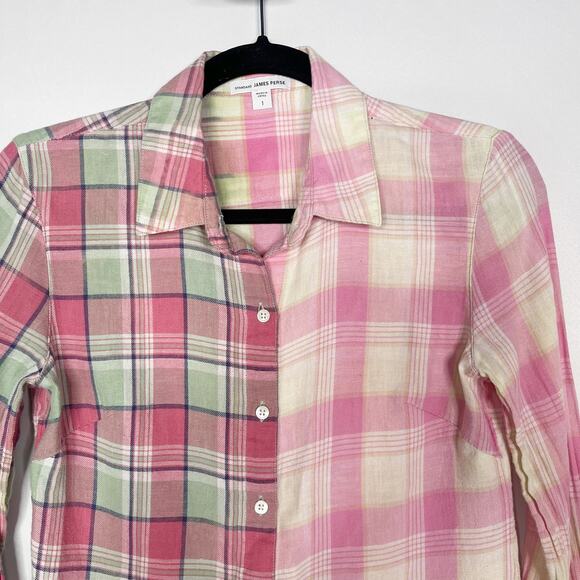 James Perse Womens 1 Small S Pink Bleached Plaid Button Up Shirt Cotton Linen - Picture 3 of 12